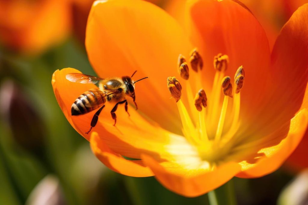 Abeja polinizando una hermosa flor en un entorno natural
