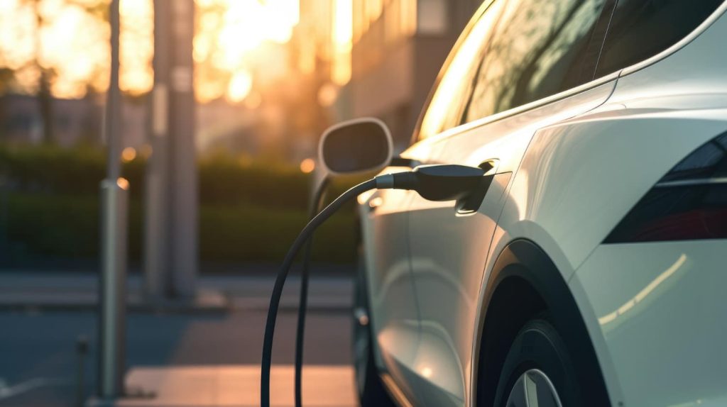 Coche eléctrico verde cargando electricidad desde la red
