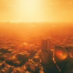 Vista aérea de una ciudad con efecto de calor por las olas de calor y el cambio climático