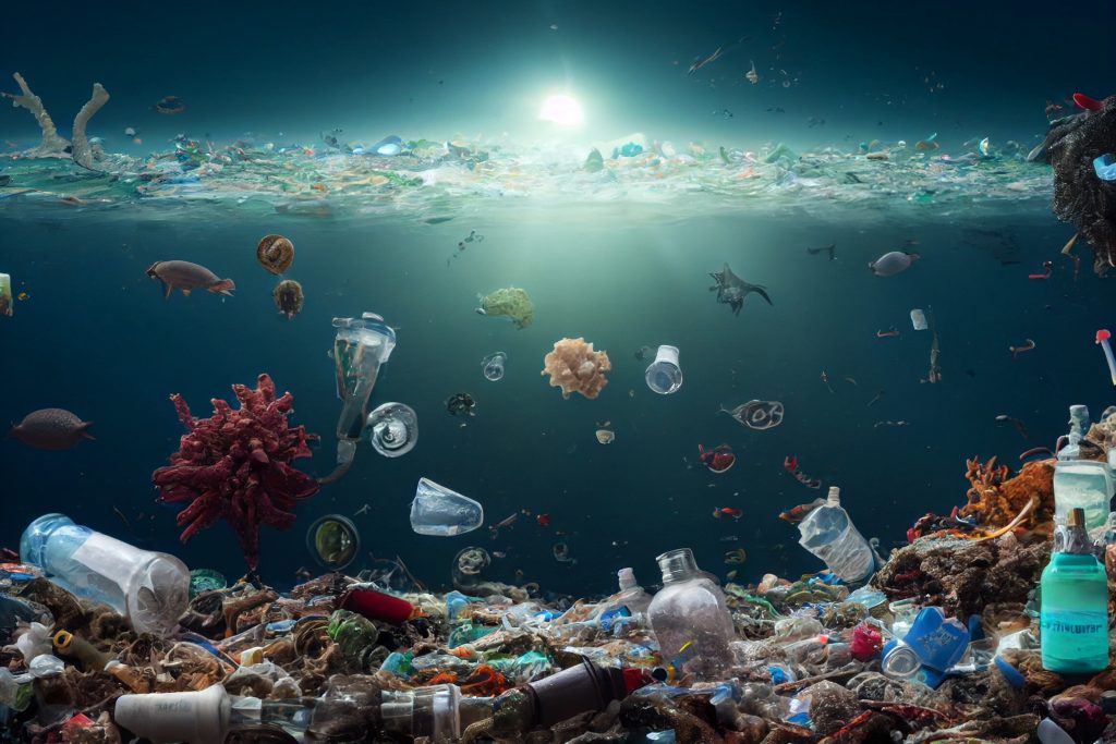 Ocean pollution. Seabed with inhabitants and debris. Plastic bottles, glasses, bags, straws, masks, jars, light bulb. Global problem. garbage under ocean, sea. Copy space