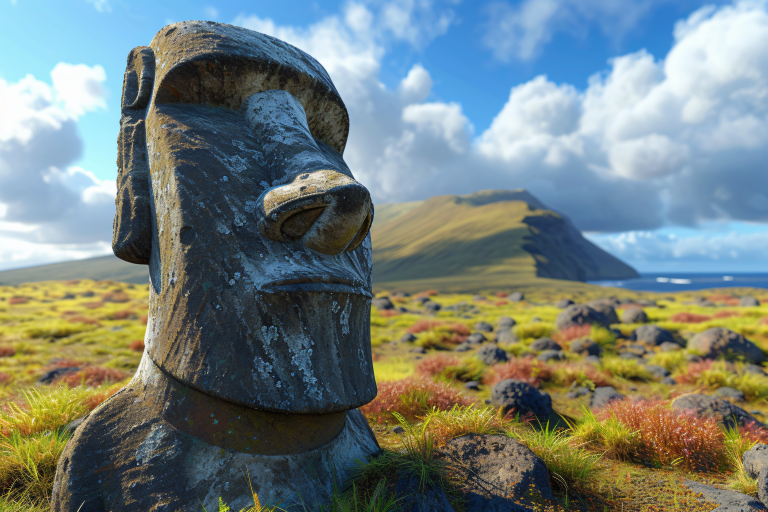 Un moái de piedra en primer plano se alza sobre un paisaje natural de la Isla de Pascua, con vegetación baja, montañas al fondo y el océano bajo un cielo parcialmente nublado.